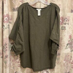 Max Studio Lace-up 3/4-Length Sleeve Top/Pullover in Olive Green, Rayon Blend